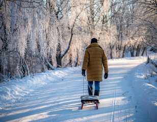 A person walks away, pulling a small sled along a snow-covered path lined with beautiful frost-covered trees on a bright winter day.
