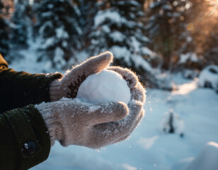 A person wearing cozy knitted gloves holds a freshly made snowball in a sunlit winter forest.