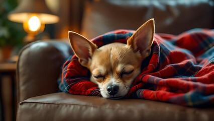Chiwawa dog sleeping on blanket. Chihuahua sleeping under the blanket. close up of chiwawa dog or chihuahua