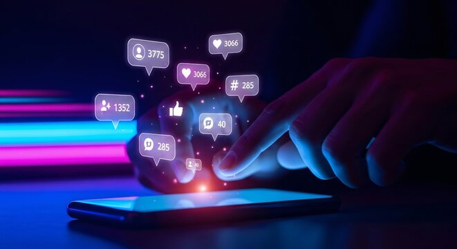 Hand using smartphone with social media notification icons