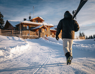 A skier walks away from a wooden lodge in a snowy landscape, carrying skis over their shoulder on a bright winter day.