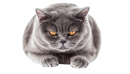 A close-up view of a gray cat with striking orange eyes. sitting calmly on a white background. its fluffy fur and relaxed posture. ideal for pet-related content or animal photography