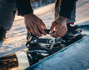A person's hands meticulously adjust the bindings of a snowboard, preparing for a ride on a snow-covered mountain during golden hour.