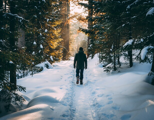 A lone person walks along a snow-covered path through a dense forest, sunlight filtering through the trees in winter.