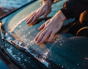 Person using their hands to clear frost and snow from a car windshield on a cold winter day.