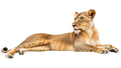A majestic lioness lounging gracefully on a white background. her elegant posture and natural beauty. perfect for wildlife photography and educational use