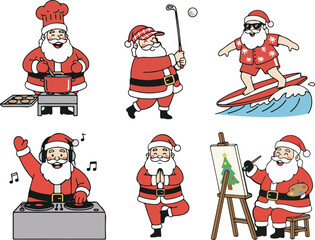 A collection of santa claus characters doing various activities, including cooking, golfing, surfing, djing, yoga, and painting