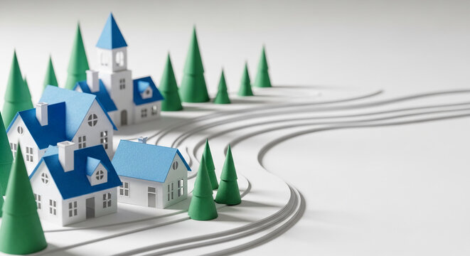Miniature paper town with blue roofs and green trees on white surface with roads, showcasing simple, clean design, representative of neighborhood