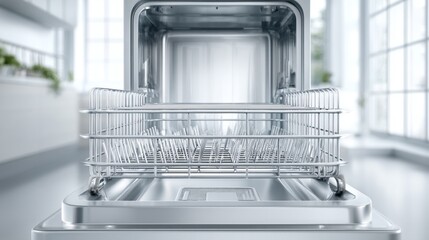 Bright and airy kitchen features an open, clean, and empty dishwasher. The modern appliance shines with a spacious interior, ready for efficient dish loading after meals