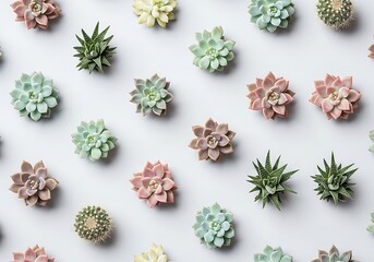 Fototapeta premium Assorted succulents neatly arranged on white background for gardening themes