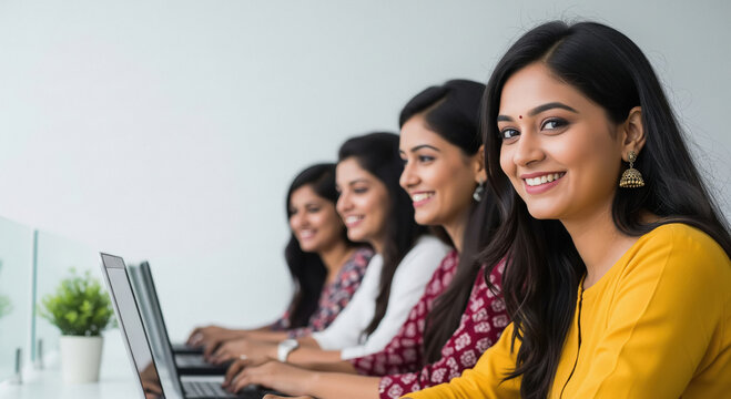 A row of young Indian women in ethnic wear work on laptops in a modern office - Powered by Adobe