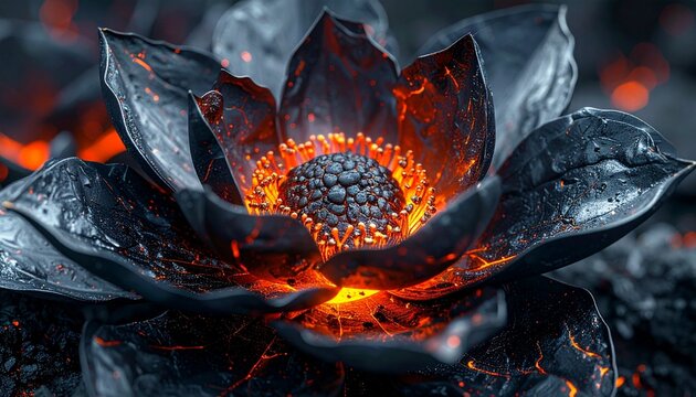 Molten-core flower with dark metallic petals on rocky surface, symbol of transformation and elemental beauty, editorial style with surreal volcanic energy.