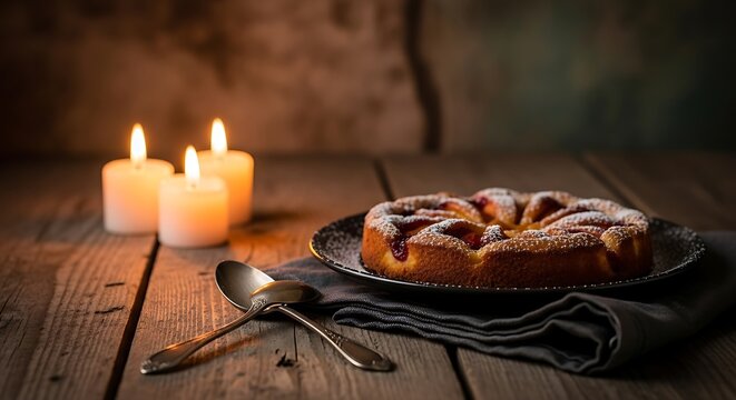 Rustic arrangement featuring a homemade tart with plums and sugar powder - Powered by Adobe