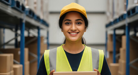 A logistics worker in a yellow cap and safety vest prepares a parcel in a warehouse environment