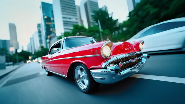 Classic red vintage car driving through an illuminated city street, glowing with nostalgia and motion