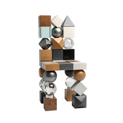 Abstract Chair Sculpture Made from Various Geometric Wooden and Metallic Blocks.