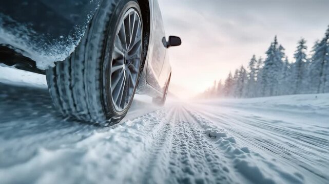 Close up of a winter car tire gripping a snowy road under a pale sky during a cold season, ensuring safe driving in challenging conditions