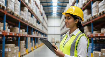 Young woman holding clipboard surrounded by cardboard boxes