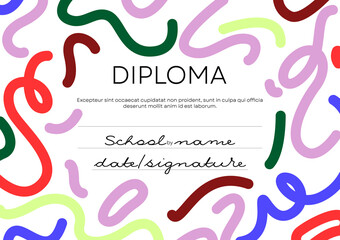 Kids graduation diploma design. Childish certificate template with abstract elements, shapes. Elementary school graduating document, personal achievement paper. Colored flat vector illustration.