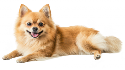 A cheerful Pomeranian dog lying comfortably on a bright white background. its fluffy fur and playful expression. ideal for pet-related content or advertisements