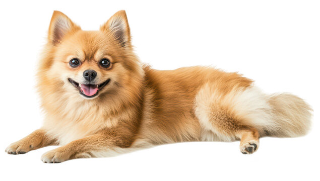 A cheerful Pomeranian dog lying comfortably on a bright white background. its fluffy fur and playful expression. ideal for pet-related content or advertisements