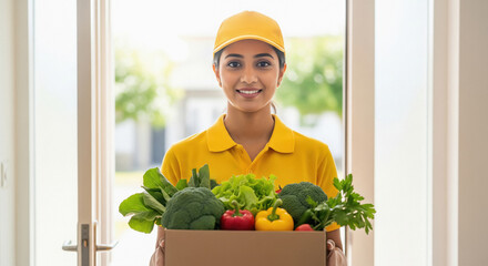Fototapeta premium A delivery person in a yellow uniform stands at the door holding a box full of fresh green vegetables