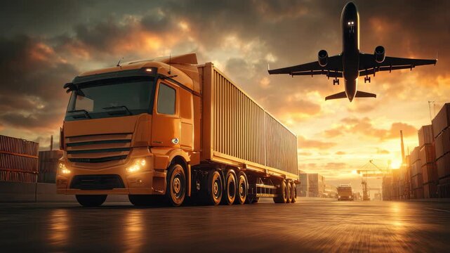Freight truck transports cargo at sunset while cargo plane flies above on the bustling import and export site