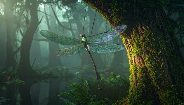 Dragonfly hovering in a lush forest with mossy trees and a winding stream, symbol of wonder and serenity, editorial style with mystical nature energy.
