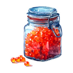 Red caviar filling a glass jar with a metal clasp, illustrating a luxurious seafood delicacy and gourmet ingredient, presented as a vibrant watercolor illustration on a transparent background