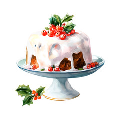 Watercolor painting of a traditional christmas pudding on a white cake stand, topped with sugar icing, red cranberries and holly leaves, festive and richly detailed centerpiece