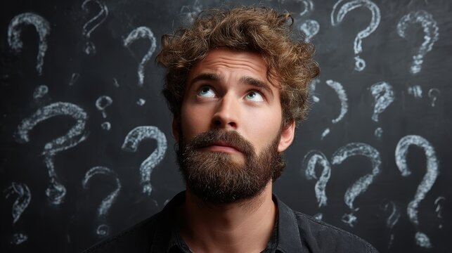 Man looking up with many question marks around him on a dark background. Doubt, confusion, and contemplation concept. Finding a solution.
