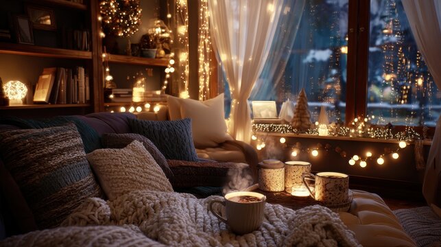 Cozy living room with string lights and warm drinks for a comforting winter evening. Christmas holiday atmosphere with soft blankets and festive decor.