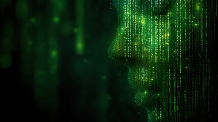 Side profile of a mans face made of green binary code. Concept of artificial intelligence, neuroscience, or a virtual world for technology background.