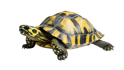 Fototapeta premium A beautifully detailed tortoise with striking yellow and black patterns crawling across a clean. white surface. its natural grace and unique features. ideal for nature and wildlife photography