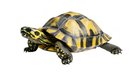 A beautifully detailed tortoise with striking yellow and black patterns crawling across a clean. white surface. its natural grace and unique features. ideal for nature and wildlife photography