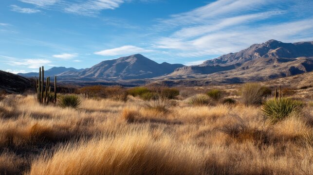 Desert landscape with mountain range and blue sky in the background. Dry golden grass field with cactus and yucca plants. Natural beauty, travel.