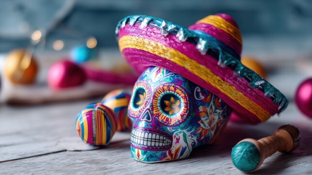 Colorful Dia de los Muertos sugar skull with a festive sombrero and maraca. Mexican Day of the Dead celebration background. Cultural holiday theme.