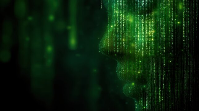 Side profile of a mans face made of green binary code. Concept of artificial intelligence, neuroscience, or a virtual world for technology background.