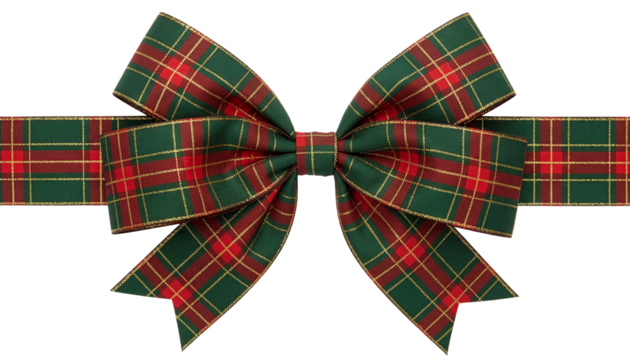 Christmas tartan plaid ribbon bow isolated on transparent background