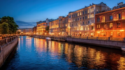 Obraz premium Illuminated European city canal at twilight reflecting building lights on water. Urban landscape for travel, tourism, and cityscape concepts.