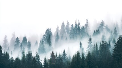 Green pine trees stand tall on a misty morning, surrounded by thick fog. Nature landscape with evergreen forest. Serene mountain view.