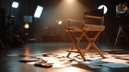 Director chair on a stage with scattered papers and bright spotlights. Film production and movie set concept for entertainment industry.