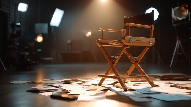 Director chair on a stage with scattered papers and bright spotlights. Film production and movie set concept for entertainment industry.