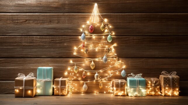 Christmas tree made of fairy lights with ornaments and gift boxes on a wooden background. Holiday celebration and festive season concept.