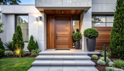 Modern house entrance with wooden door glass panels and minimalist landscaping showcasing symmetry and architectural style