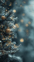 Frosted Christmas tree with gold baubles and glowing lights.