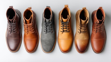 Six pairs of stylish mens leather boots in a row overhead. Fashionable footwear collection for formal and casual wear. Winter shoes concept.