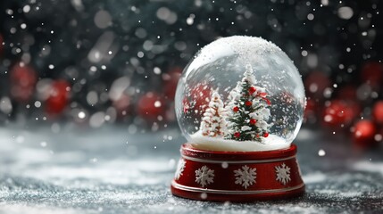 Snow globe with decorated trees on red snowflake base in festive snowy setting.