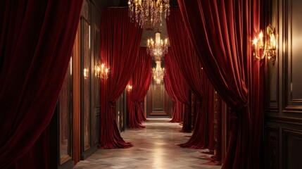 Hallway with red velvet curtains and chandeliers. Luxurious interior architecture with elegant decor. Grand event or classical styling.