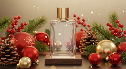 Realistic Holiday Gift Perfume Bottle Mockup with Pine Cones & Ornaments